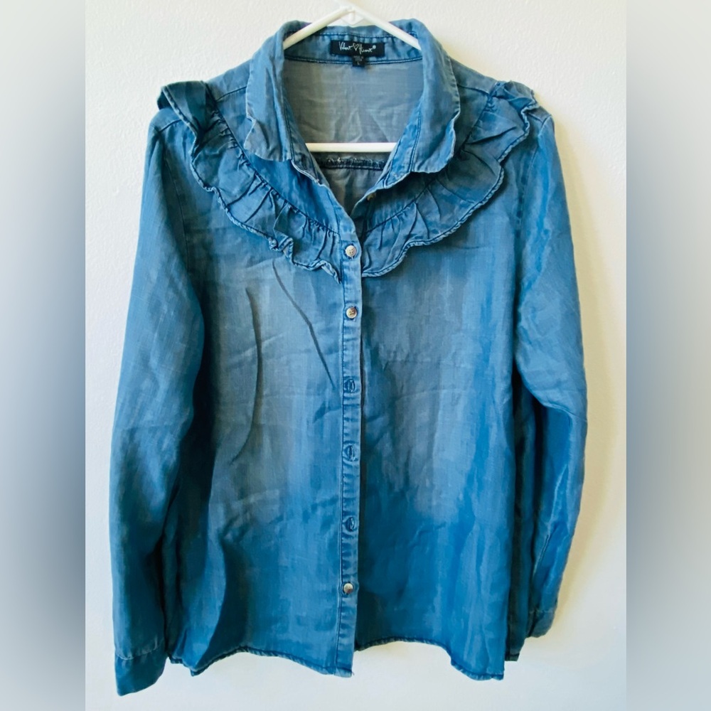 Velvet Heart Blue Ruffled Denim Shirt L